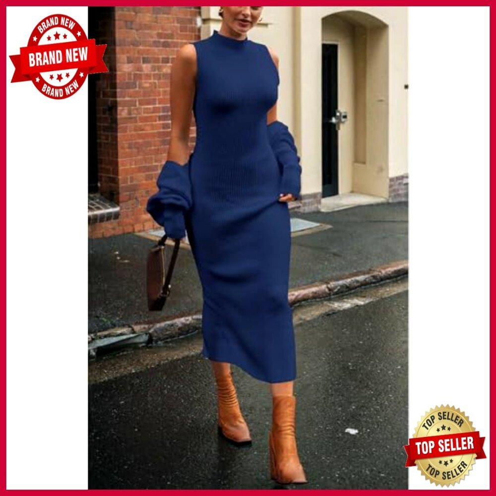Slim Fit Knit Maxi Dress Set with Cropped Cardigan, Mock Neck, Hand Wash - Picture 3 of 7